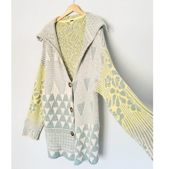 Free People Tate Knit Cardi Cardigan Sweater XL Sage Sunshine Combo $168 Slouchy - Picture 6 of 16